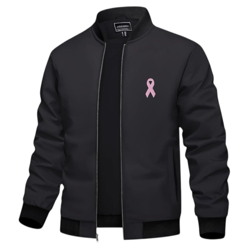 Men's Cancer Logo Embroidered Lightweight Bomber Jacket -Black
